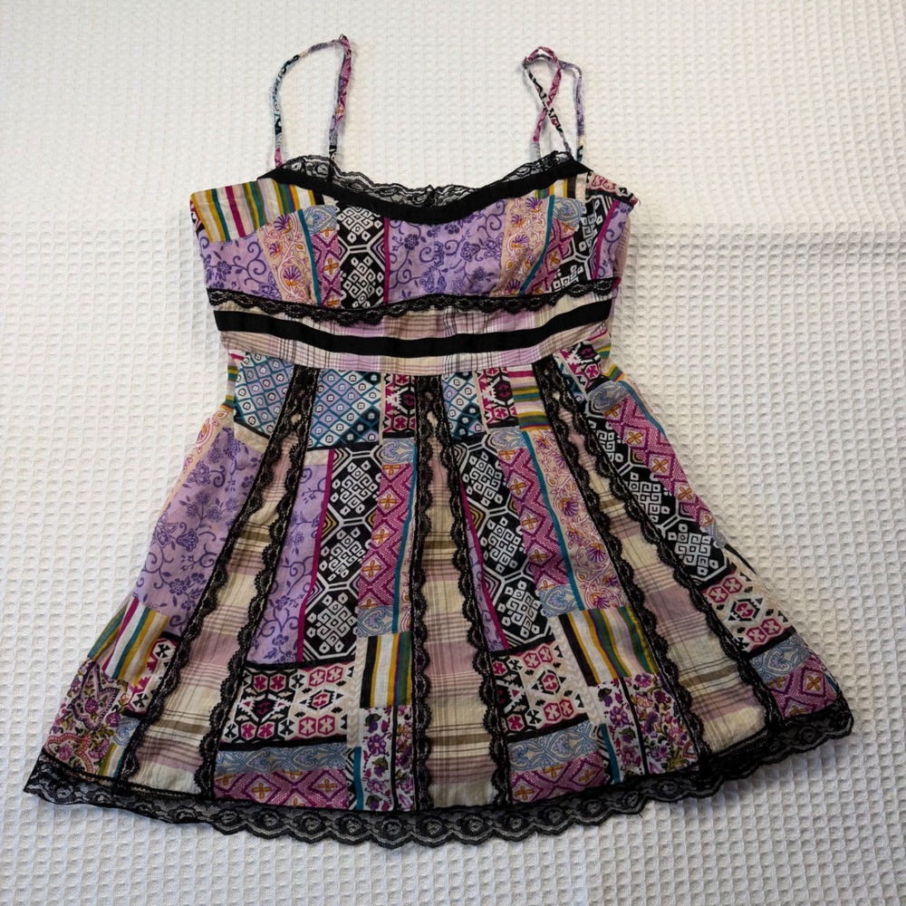Sele Patchwork Lace Trim Cami Top Womens Small Purple Boho Cotton HAC44921
